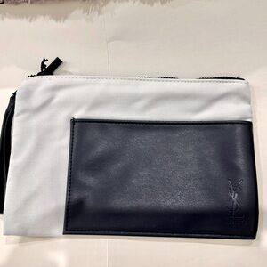 NEW Yves Saint Laurent YSL Large Dual Texture Cream and Black Wristlet Pouch Bag
